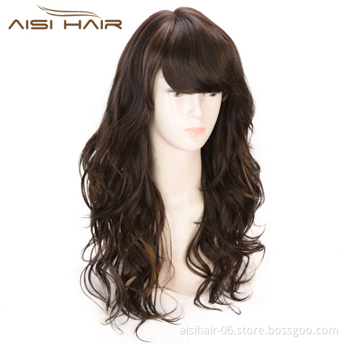 Aisi Hair Long Wavy Brown Bang Wig Heat Resistant Synthetic Hair Wig For Black White Women Fashion Cosplay Christmas Wigs